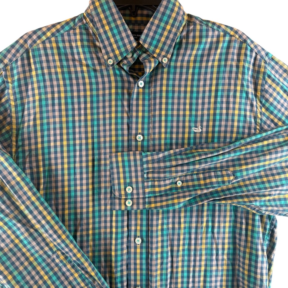 Southern Marsh Plaid Button Down Shirt M Cotton Teal Green Yellow VSGE53-0614